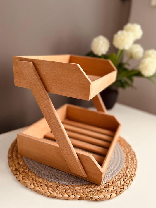 Empty 2-tier wooden kitchen counter organizer rack standing on a white background