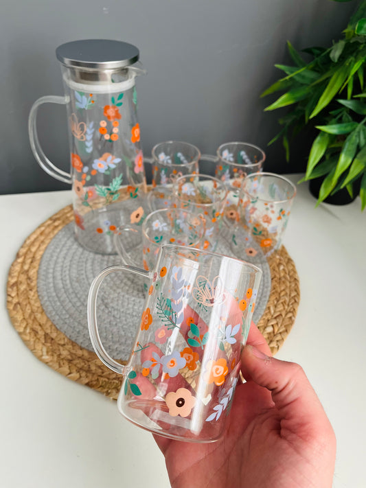 طقم 6 كوبيات و دورق زجاج (ورده) (917)