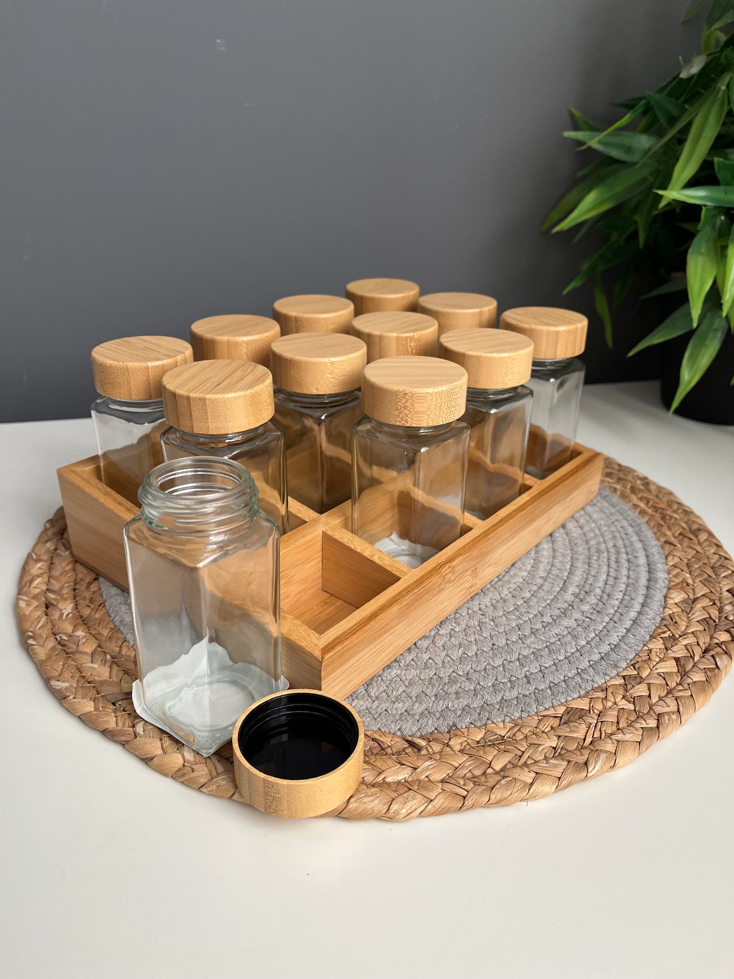 Set of 12 glass jars 150ml + new organiz(bamboo)