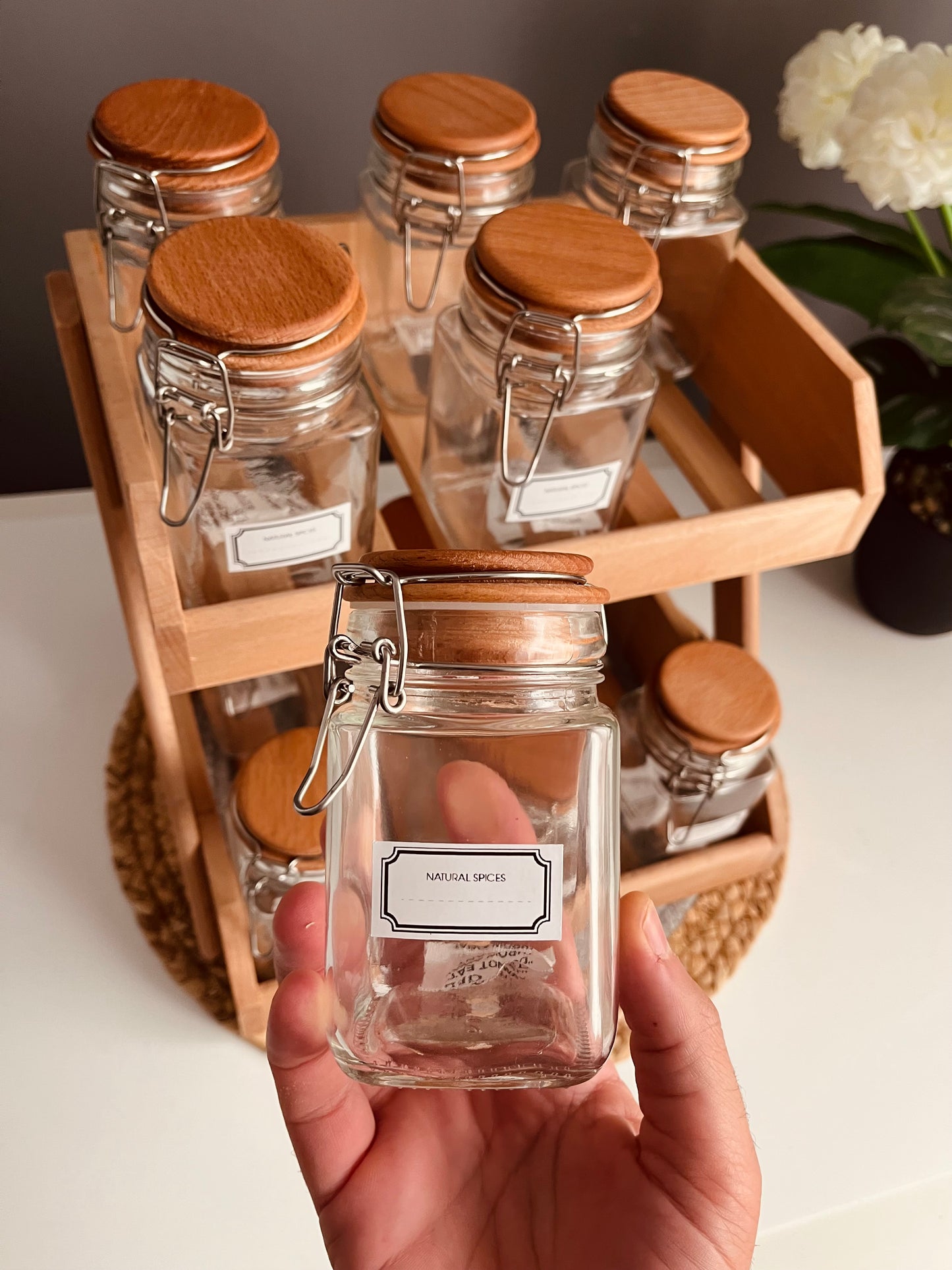 Set of 12 (كلبس) glass jars 300ml + Strips organizer