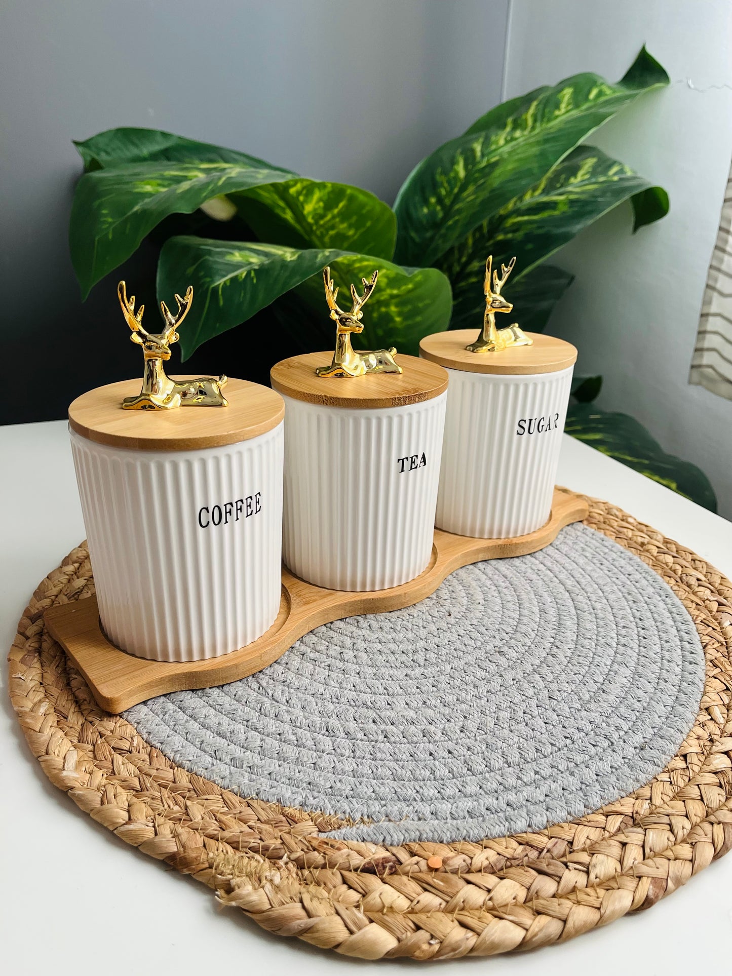 تقديم من غير احكام Set of 3 porcelain jars coffe-sugar-tea غزاله
