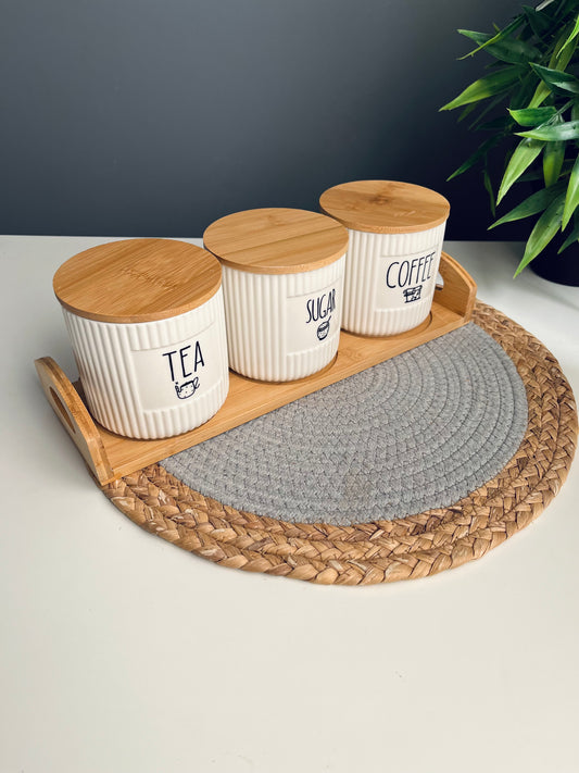 Set of 3 porcelain jars +hilder (coffee -sugar -tea)new(مضلع)