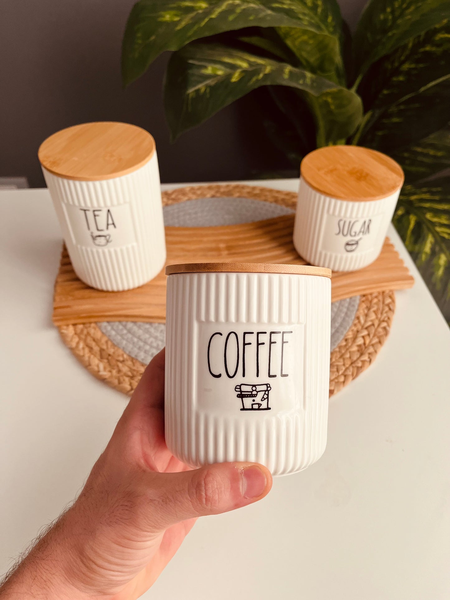 (Mq) Set of 3 porcelain jars +tray (coffee -sugar -tea)new(مضلع)