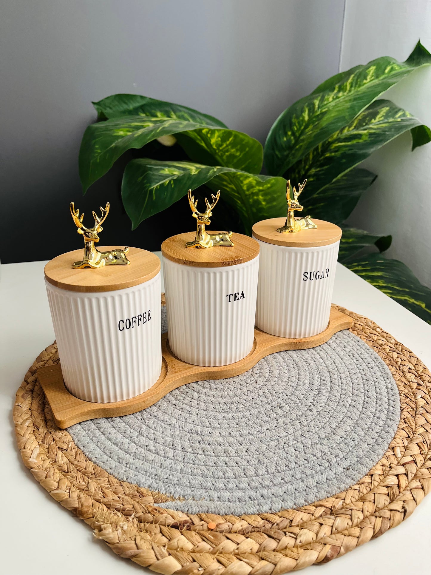 تقديم من غير احكام Set of 3 porcelain jars coffe-sugar-tea غزاله