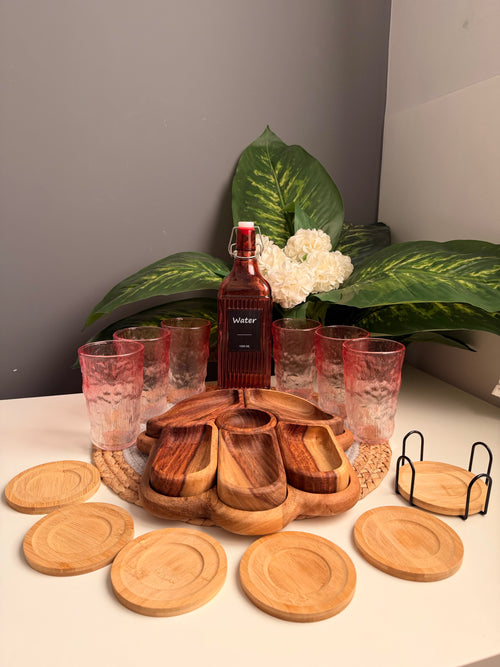 (Bundle )6glass cups-glass bottle-nuts plate-bamboo coasters