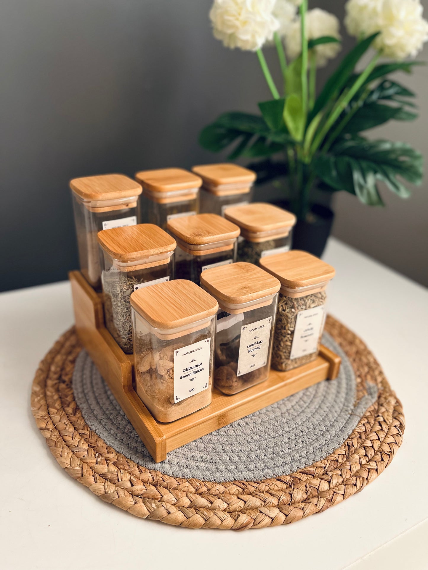 Set of 9 glass jars with bamboo stairs 250ml