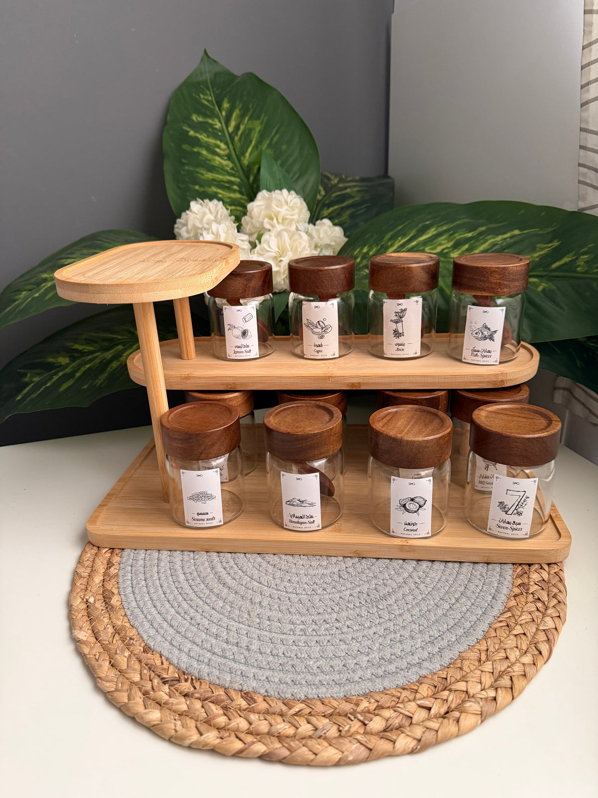 Set of 12 glass jars (code316)+bamboo organizer(C360)+sticker(رسومات)