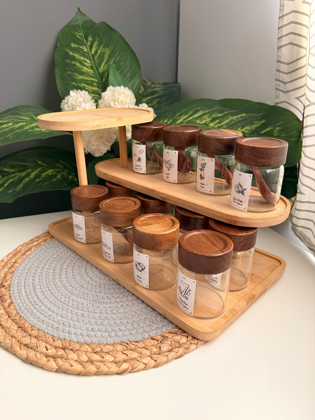 Set of 12 glass jars (code316)+bamboo organizer(C360)+sticker(رسومات)