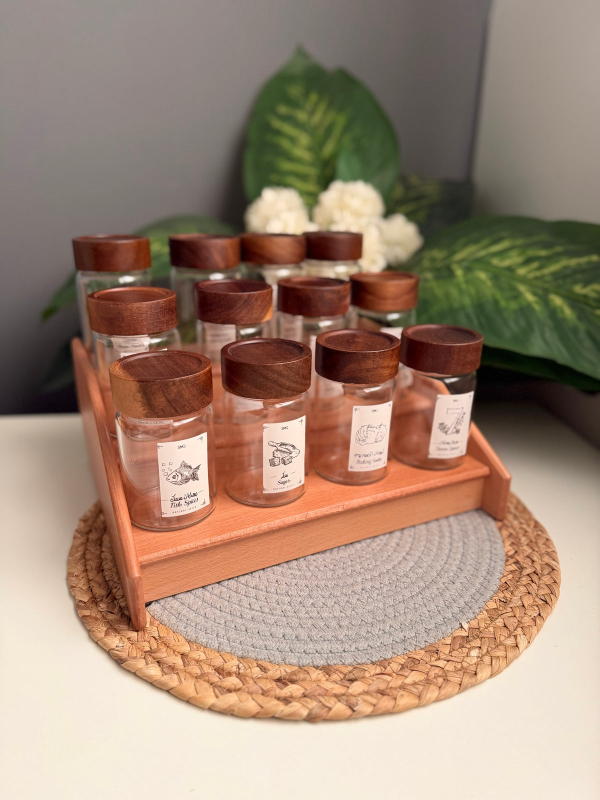 Set 12 glass  jars (250ml)c315+ stairs  organizer (without sticker)غامق (سلم)