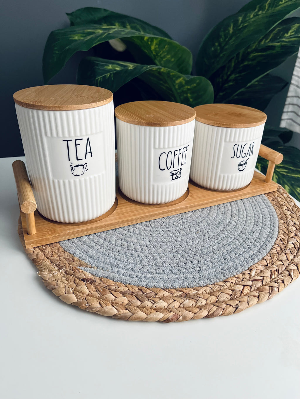 (Mq) Set of 3 porcelain jars +tray (coffee -sugar -tea)new(مضلع)