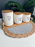 (Mq) Set of 3 porcelain jars +tray (coffee -sugar -tea)new(مضلع)