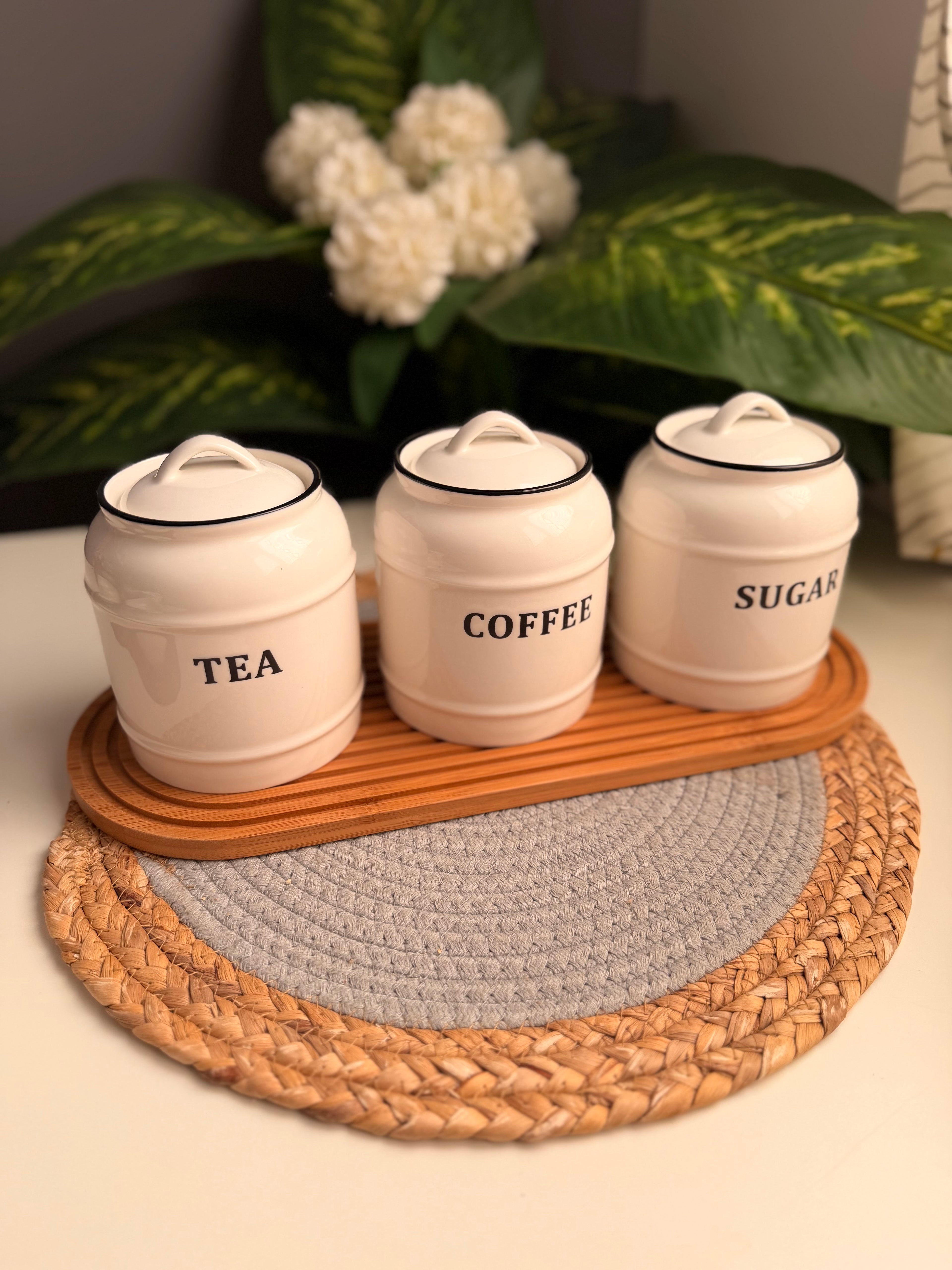 Set of 3 porcelain jars(1)+ bamboo tray(79)(coffe/sugar/tea)0.9L
