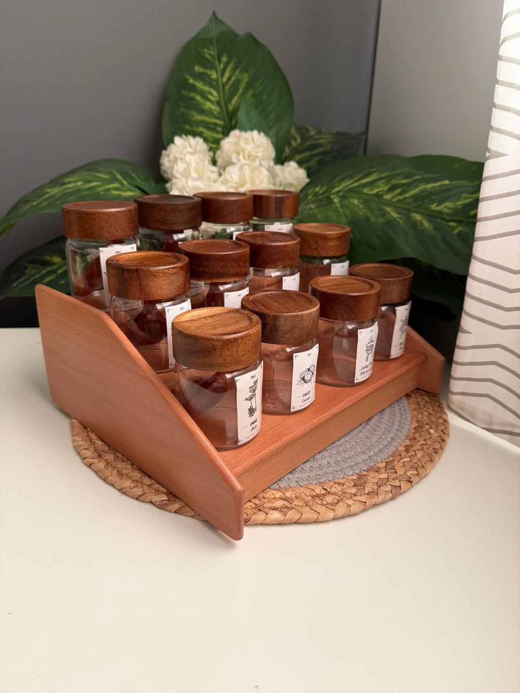 Set 12 glass  jars (175ml)C316+ stairs  organizer (without sticker)غامق (سلم)