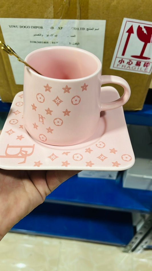 Cute Blush pink mug مج بورسلين طبق و معلقه. (بينك)BT
