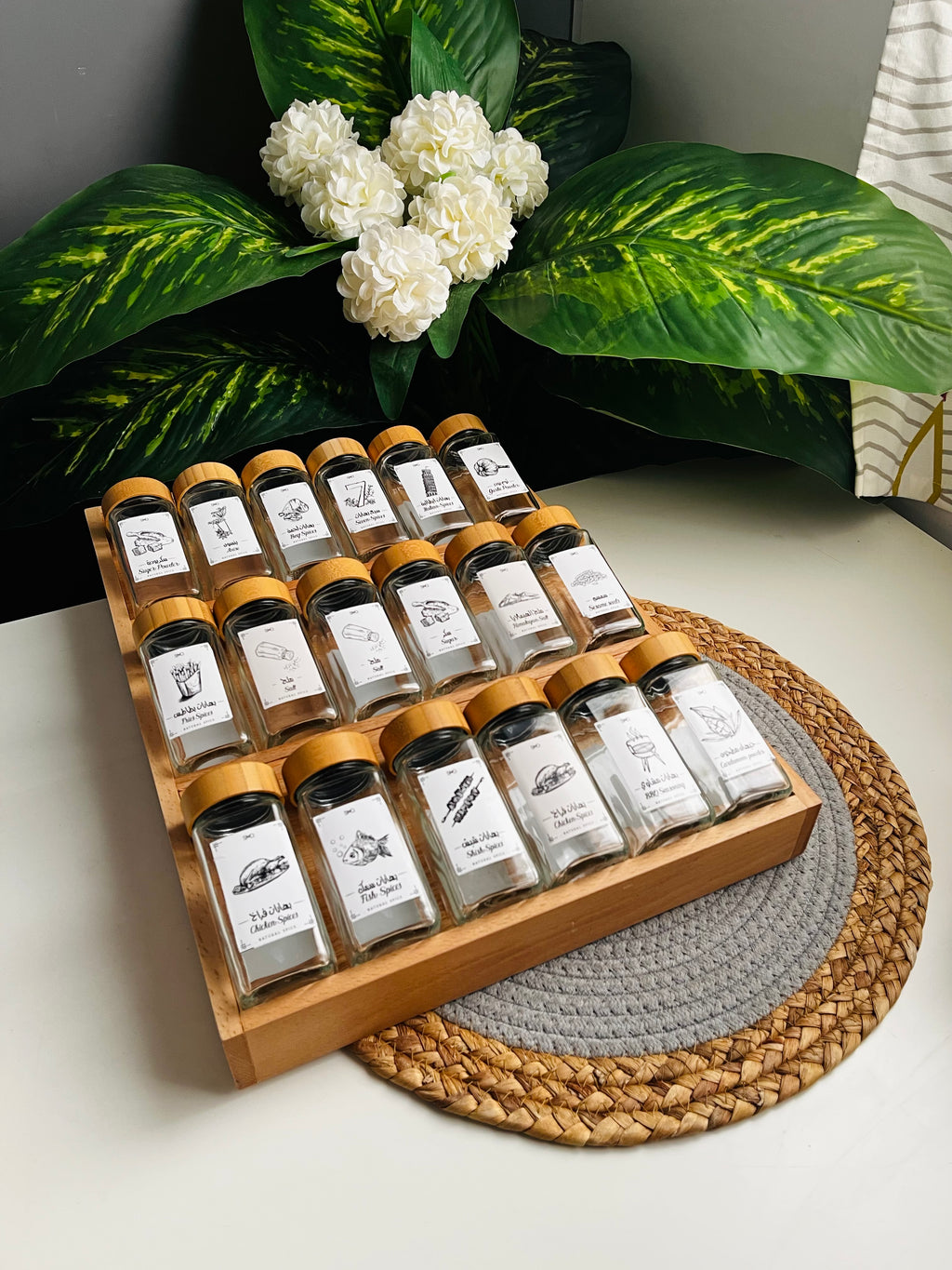 Set (18) glass  square jars 150ML+Large  Drawer organizer (without sticker)