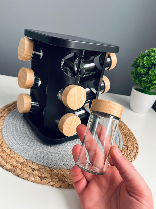 Set of 12 glass jars 150ml + black holder