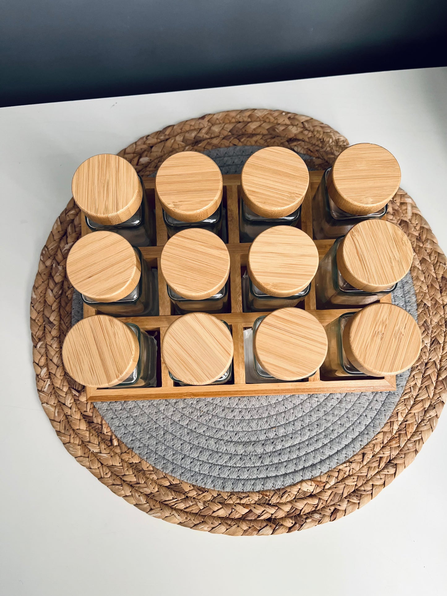 Set of 12 glass jars 150ml + new organiz(bamboo)