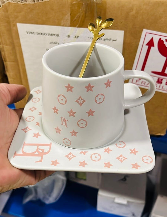 Cute Light grey mug مج بورسلين طبق و معلقه. (رمادى)BT