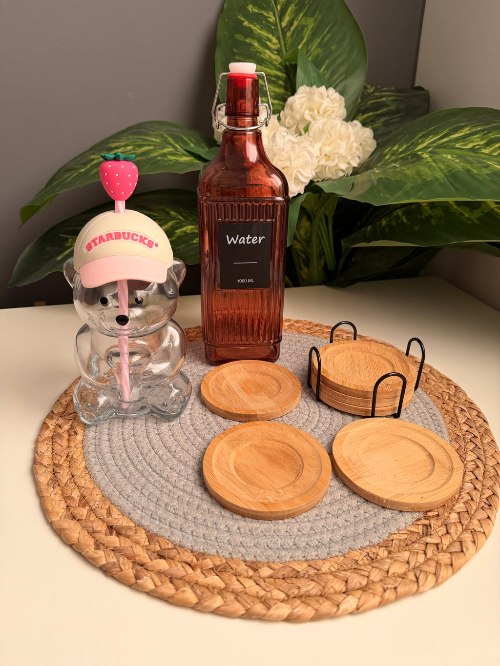 (Bundle)glass bottle-starbucks mug-bamboo coasters