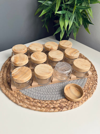 Set of 12 small 100ml glass jars+holder