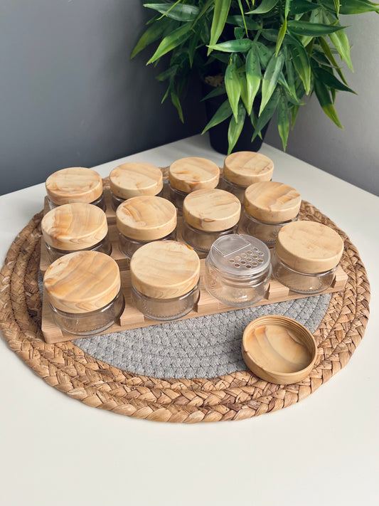 Set of 12 small 100ml glass jars+holder
