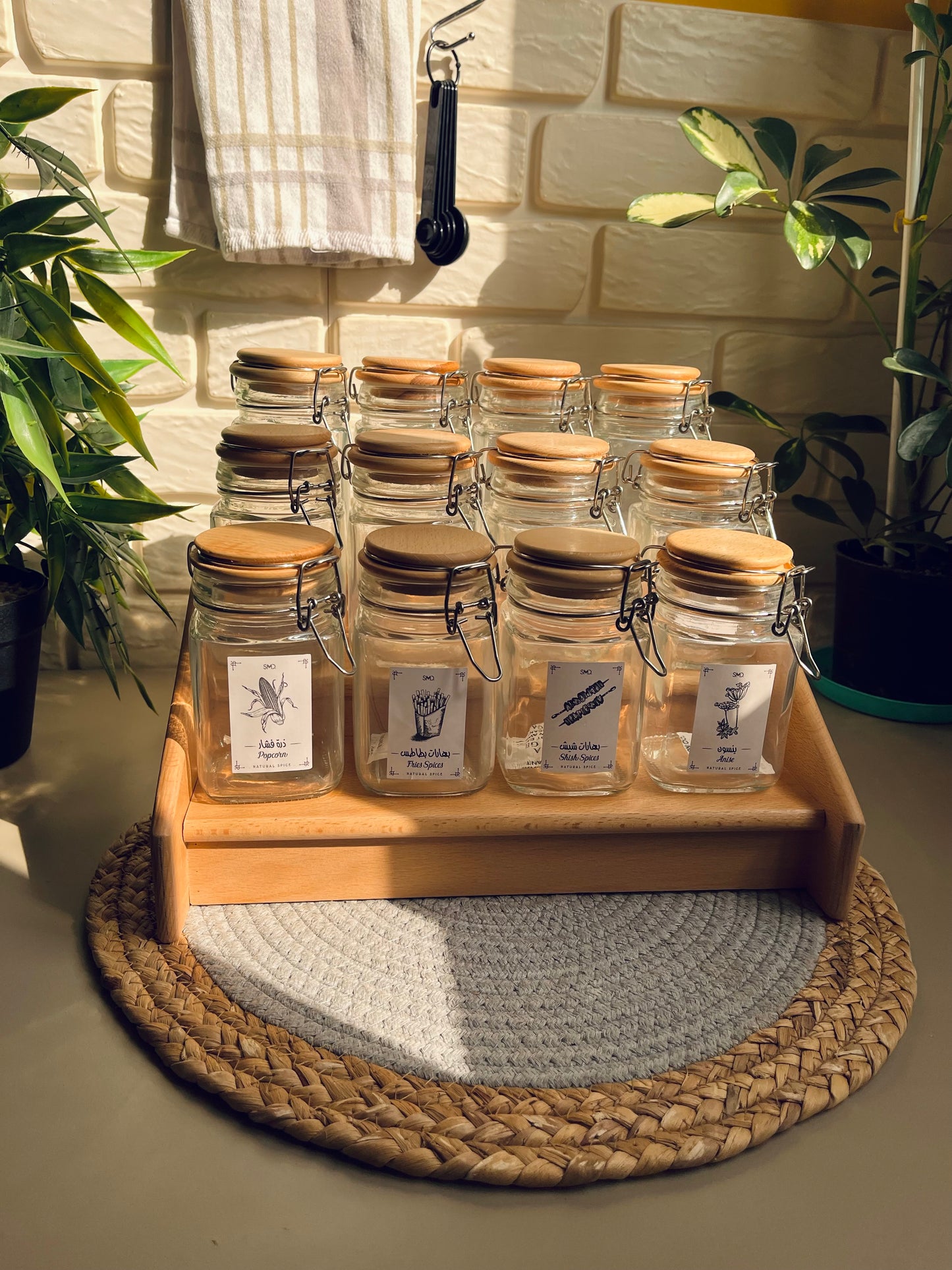 Set of  12  (كلبس)  glass jars 300ml +stairs organizer
