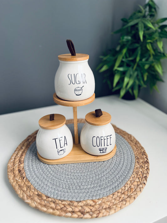 Set of 3 porcelain jars +holder (coffee -sugar -tea)code683