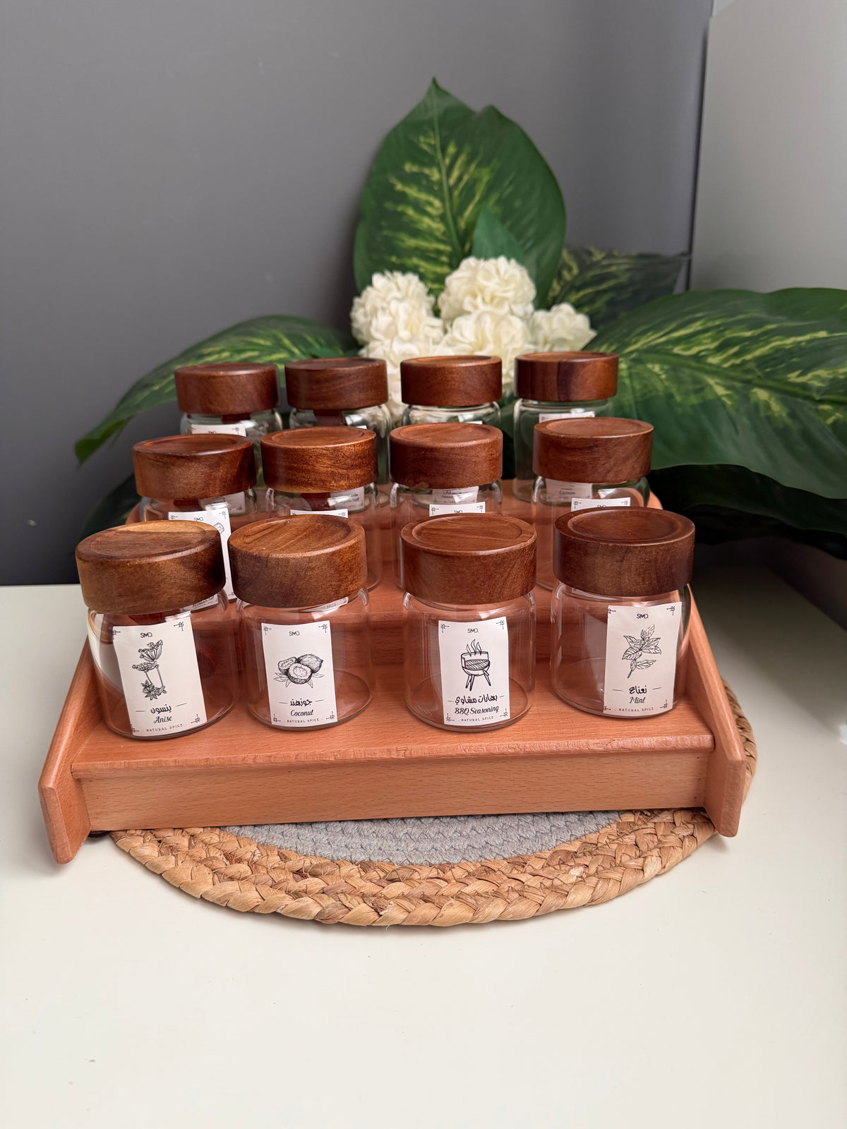 Set 12 glass  jars (175ml)C316+ stairs  organizer (without sticker)غامق (سلم)