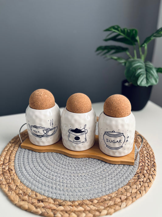 Set of 3 porcelain jars coffe-sugar-tea with ball