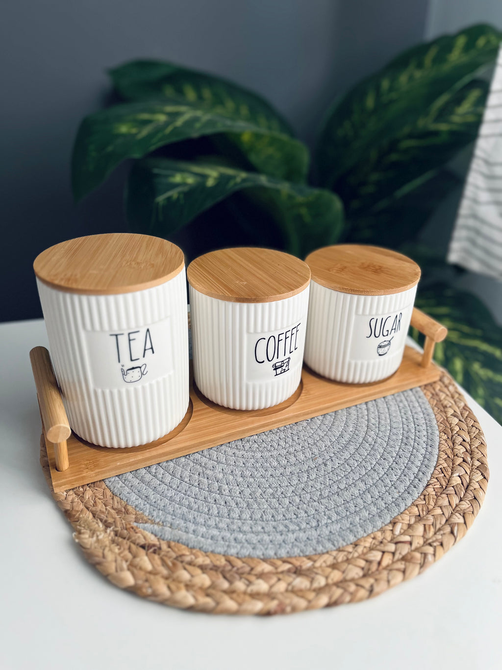 (Mq) Set of 3 porcelain jars +tray (coffee -sugar -tea)new(مضلع)