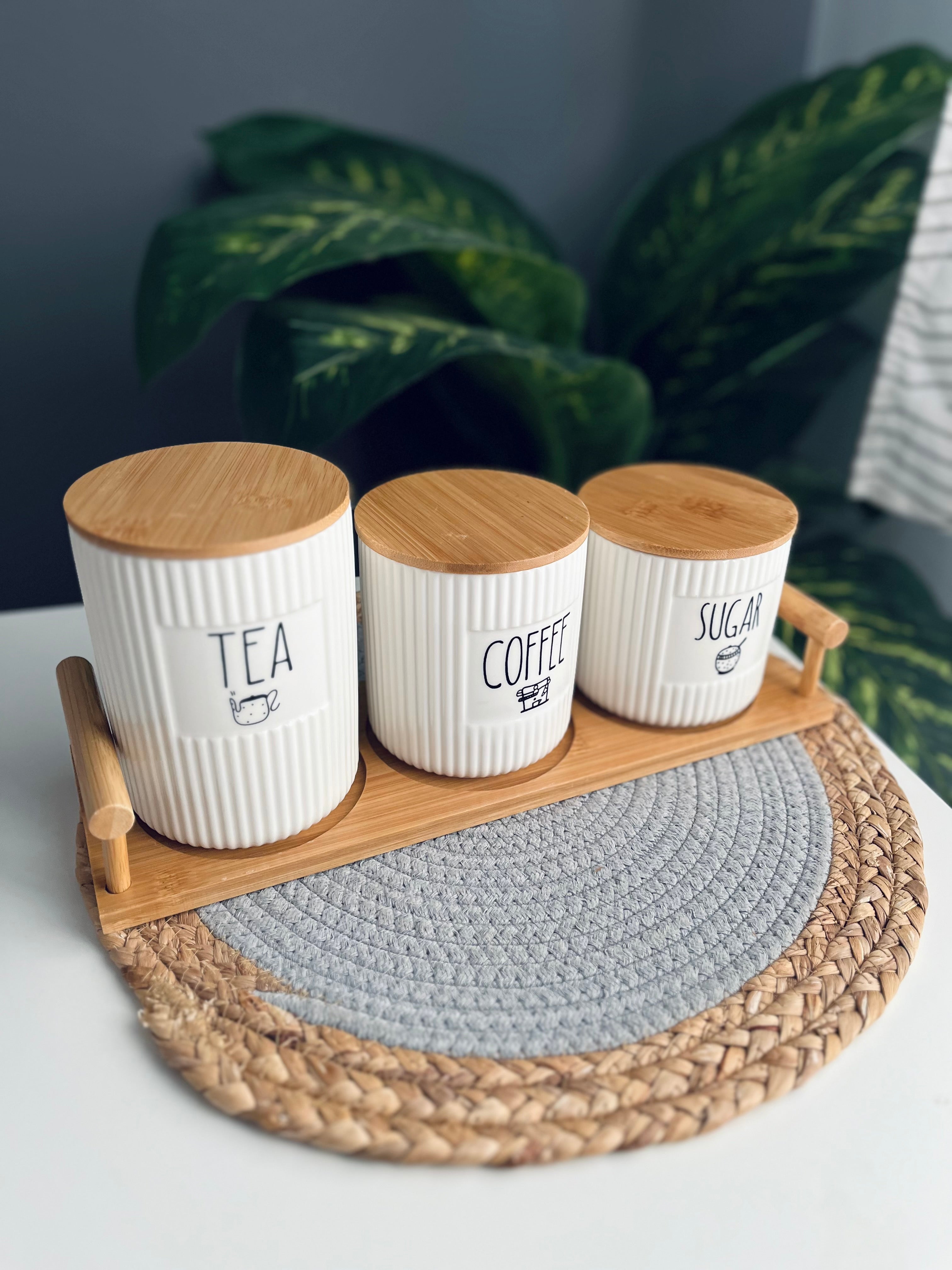(Mq) Set of 3 porcelain jars +tray (coffee -sugar -tea)new(مضلع)