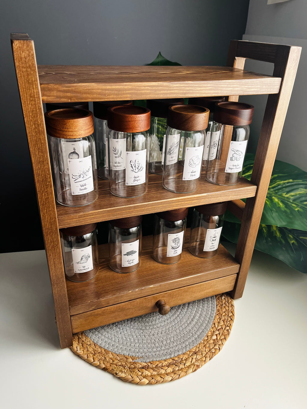 Set of 12 glass jars 300mlغامق +large organizer