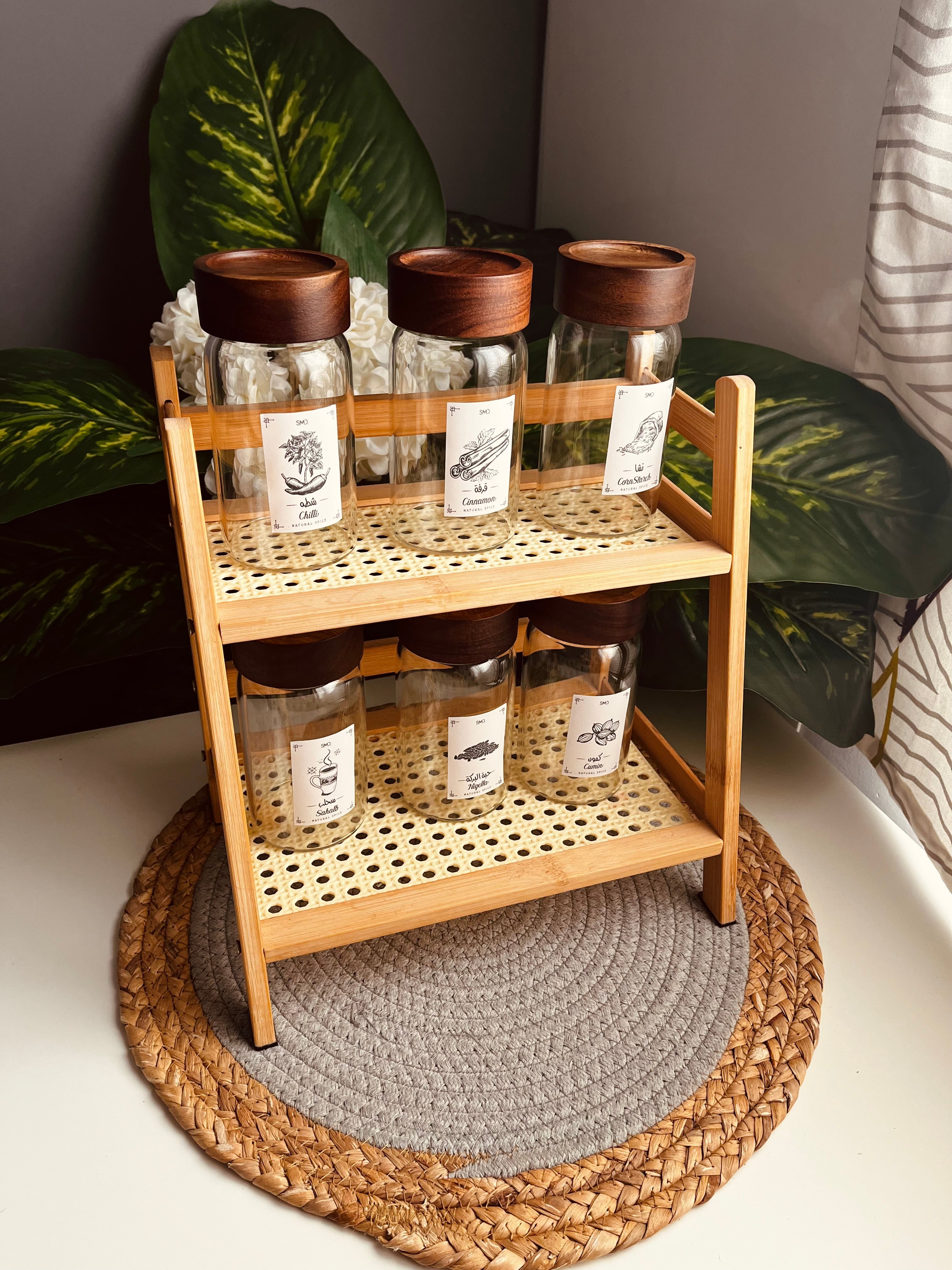 Set of 6 glass jars 300ml+ratan organizer (code223+65-2)