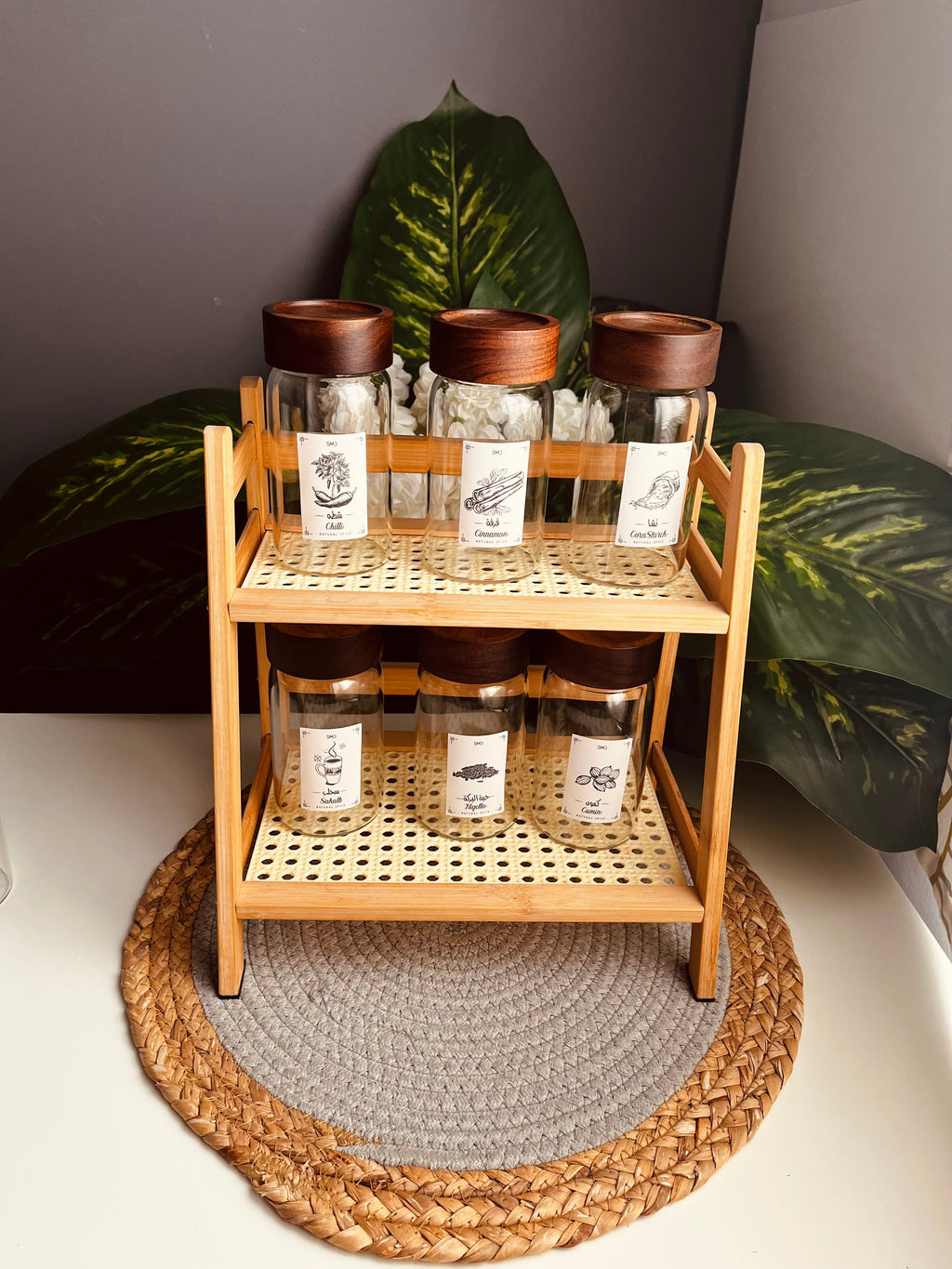 Set of 6 glass jars 300ml+ratan organizer (code223+65-2)