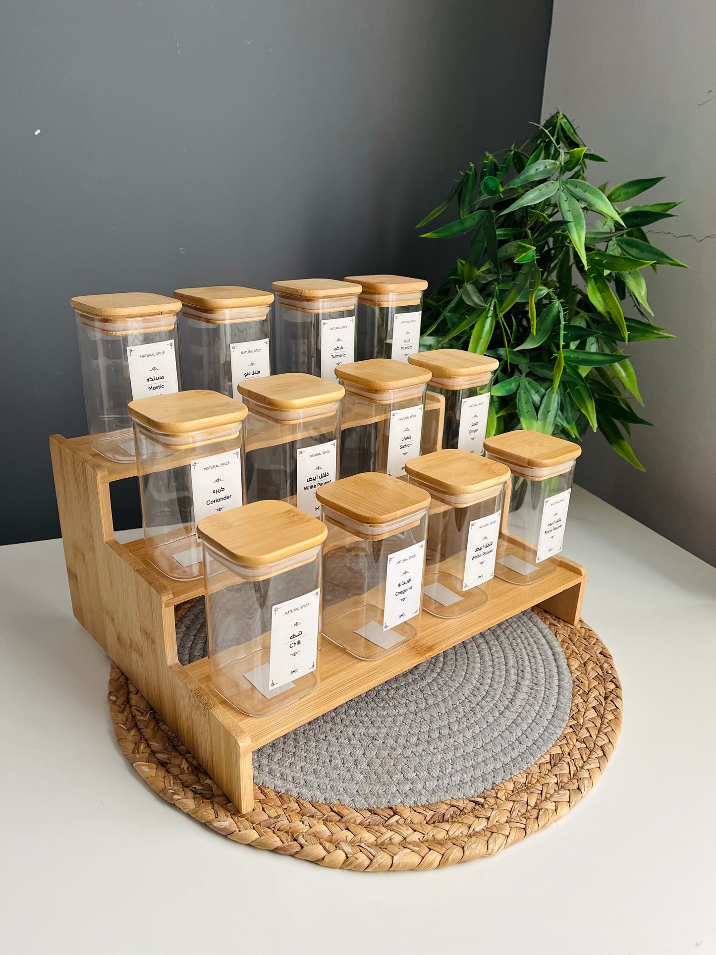 Set of 12 glass jars 250ml+سلم بمبو چامبو