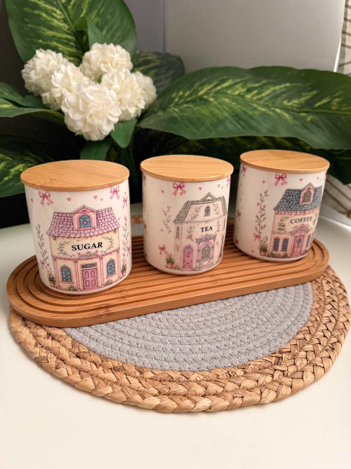 Set of 3 Porcelain Jars home+cravy Tray (coffee-Sugar-Tea)(code32)