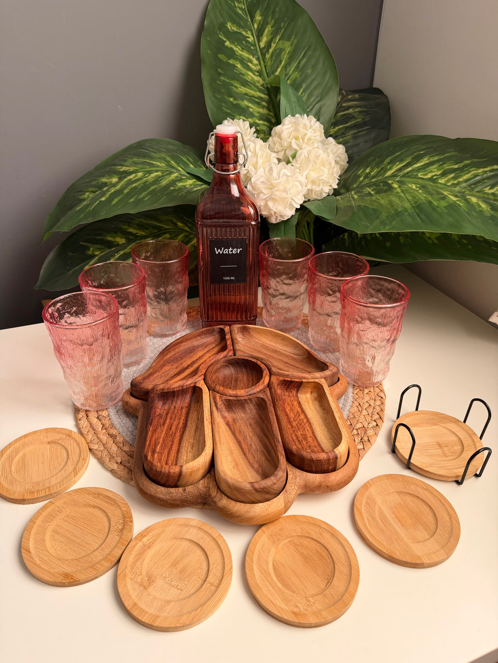 (Bundle )6glass cups-glass bottle-nuts plate-bamboo coasters