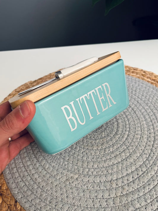 (أخضر) Porcelain Butter box (Wooden lid) 16cm*10cm*7cm