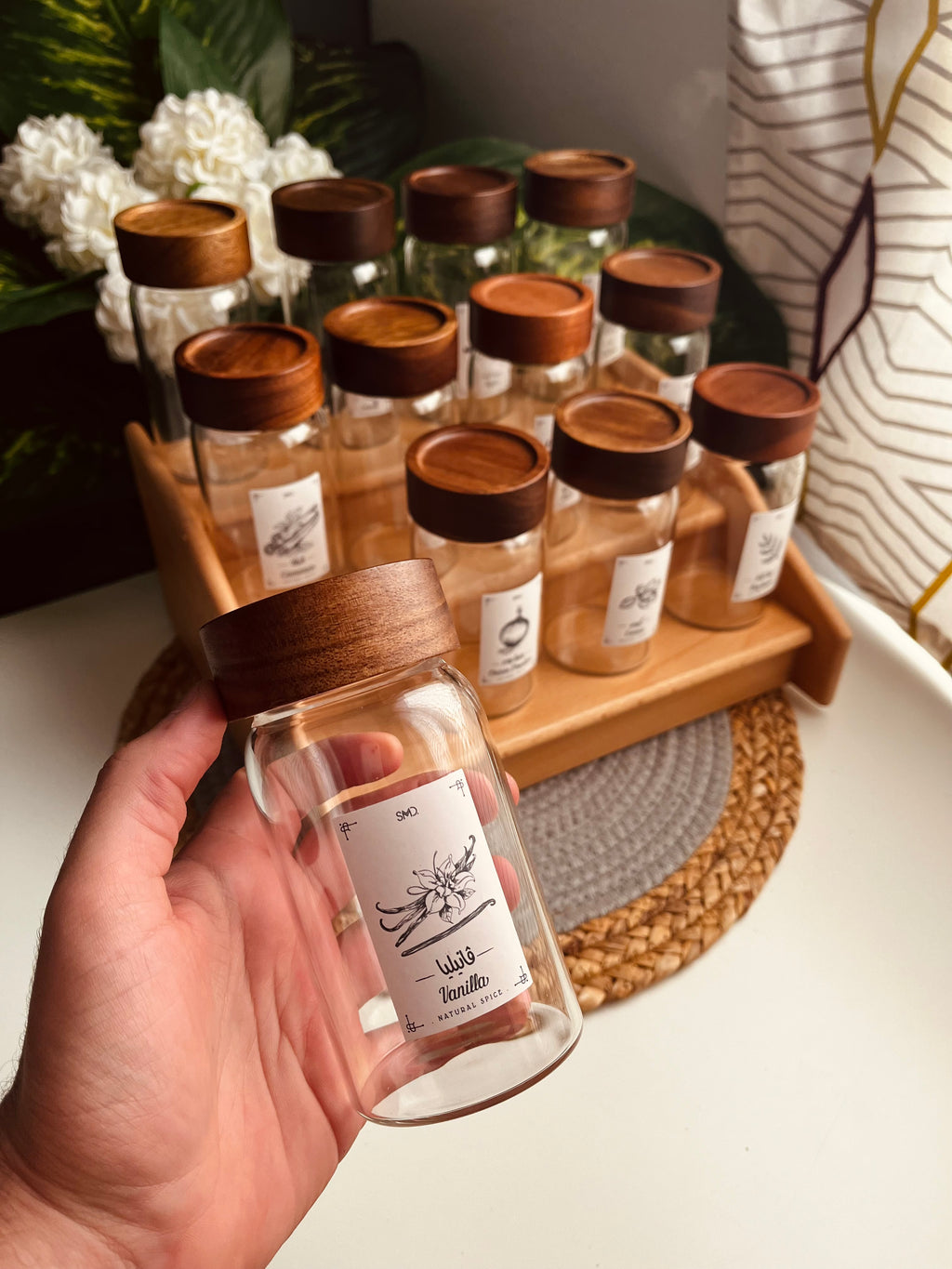 Set 12 glass  jars 300ml+ stairs  organizer (without sticker)غامق (سلم)