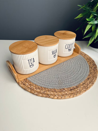 Set of 3 porcelain jars +hilder (coffee -sugar -tea)new(مضلع)