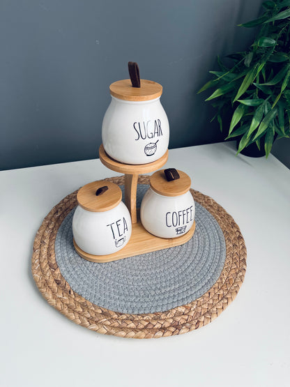 Set of 3 porcelain jars +holder (coffee -sugar -tea)code683