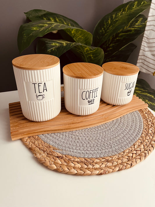 (Mq) Set of 3 porcelain jars +tray (coffee -sugar -tea)new(مضلع)