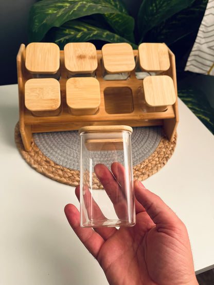 Set of 8 glass jars مربع+bamboo holder(250ml)