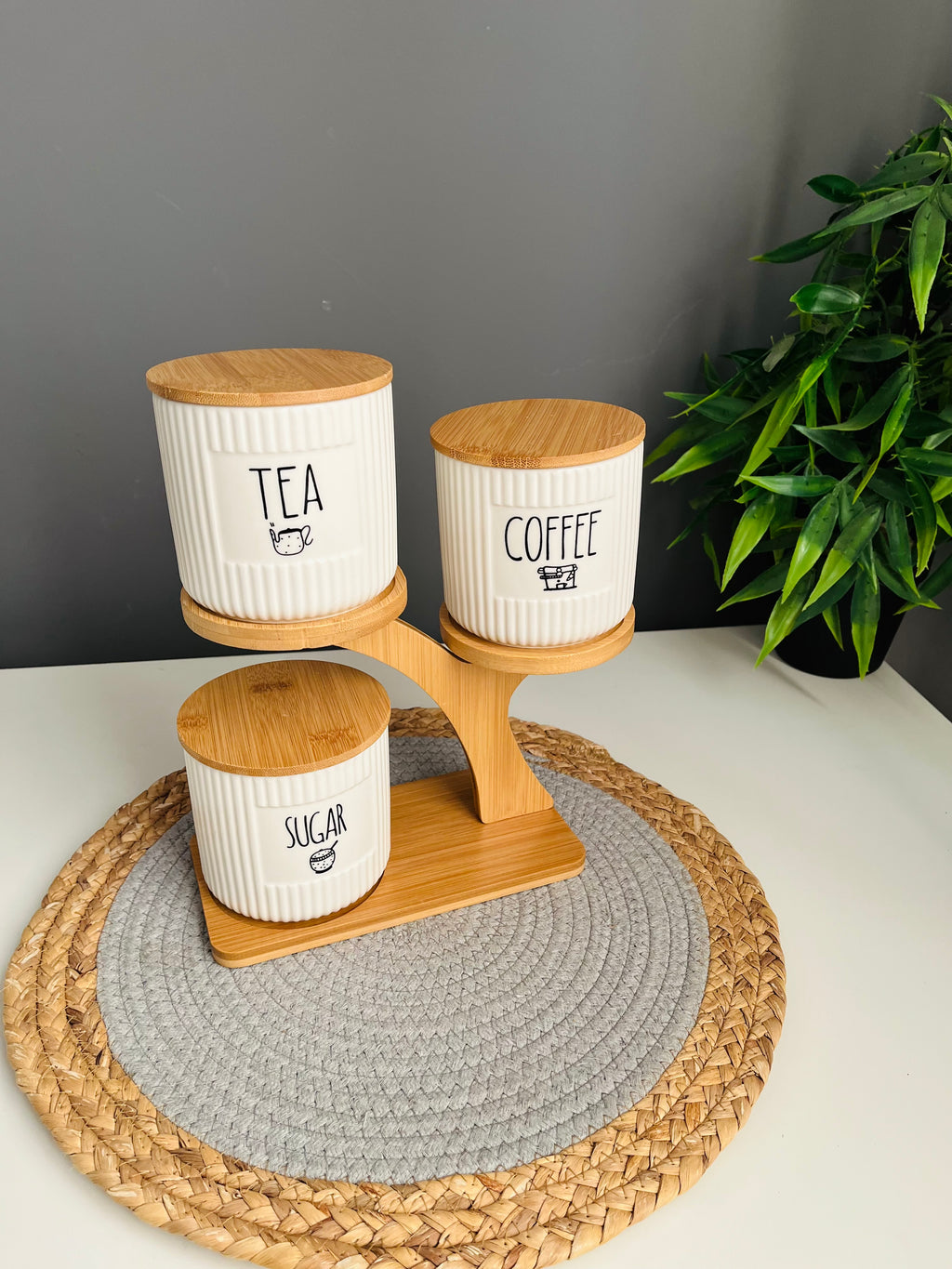 Set of 3 porcelain jars +holder (coffee -sugar -tea)(مضلع)code647