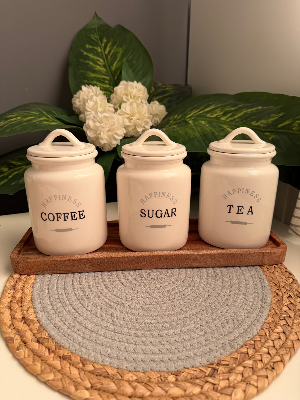 Set of 3 Porcelain Jars + (Trayطبيعى) (coffee-Sugar-Tea)(code89)