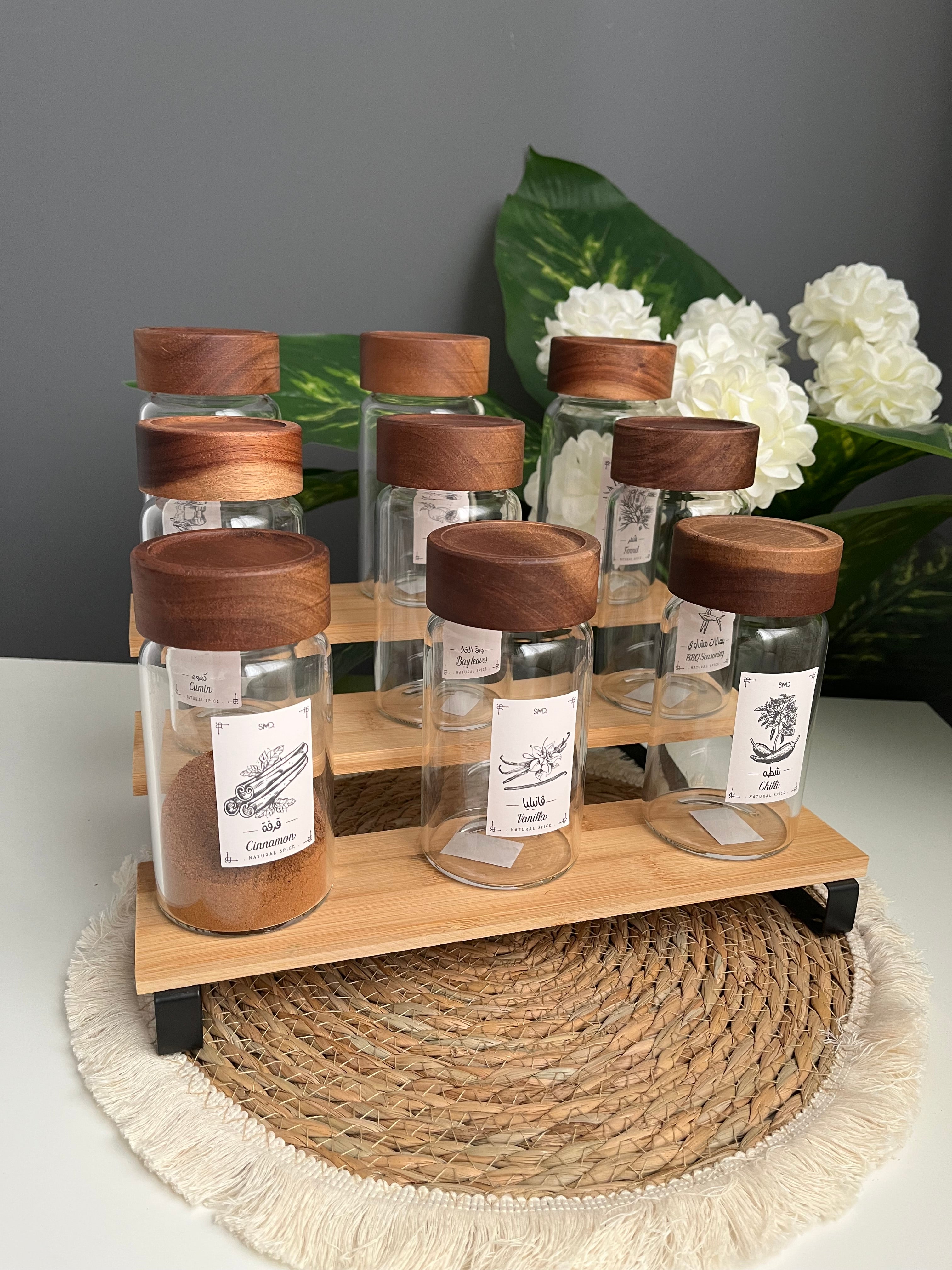 Set of 9 glass jars 300ml+ mixed stairs 300ml(جديد)غطاء غامق كبير