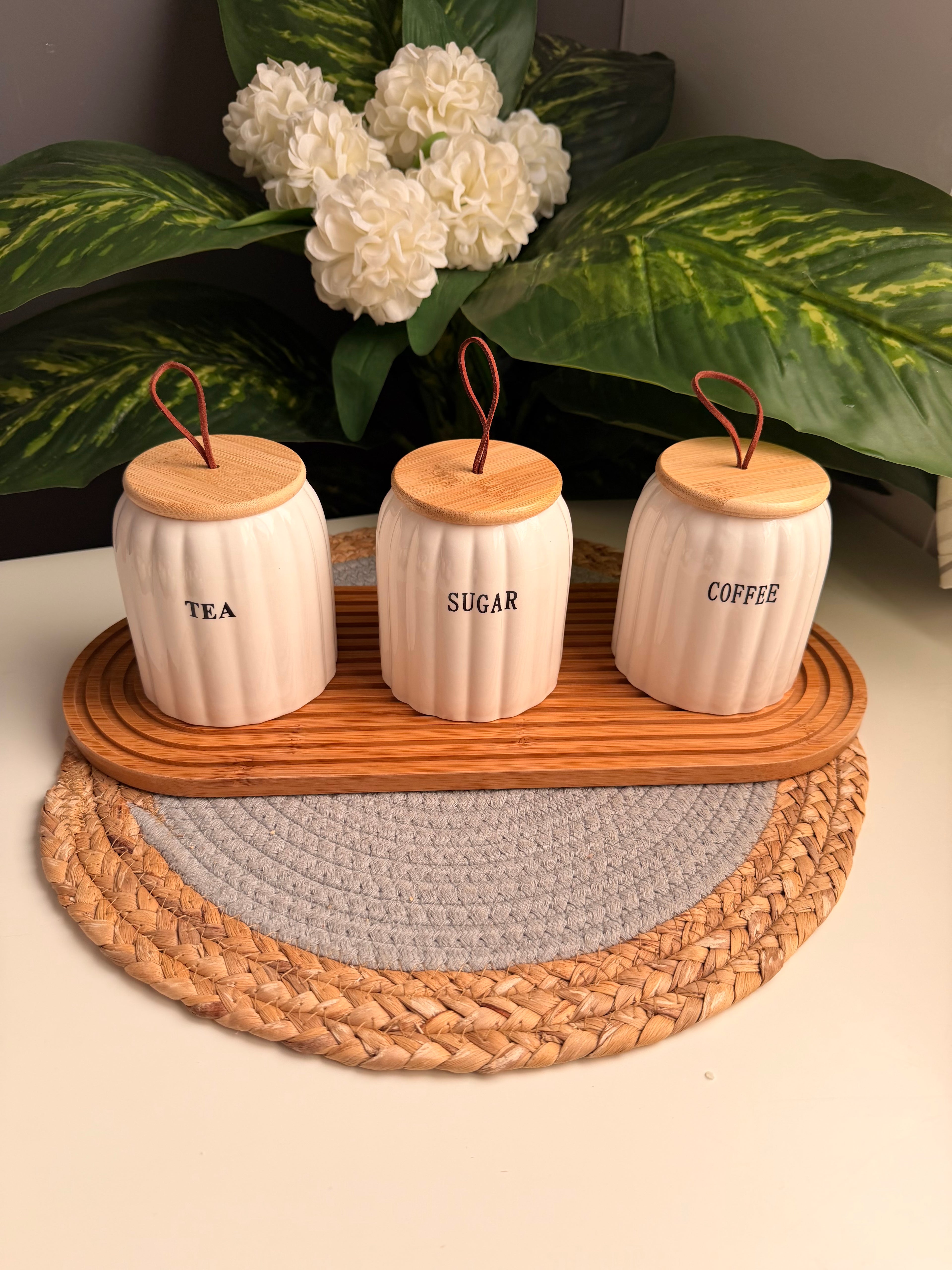 Set of 3 porcelain jars(حبل)+ (tray79)coffee-sugar-tea(14)(جديد)500ml