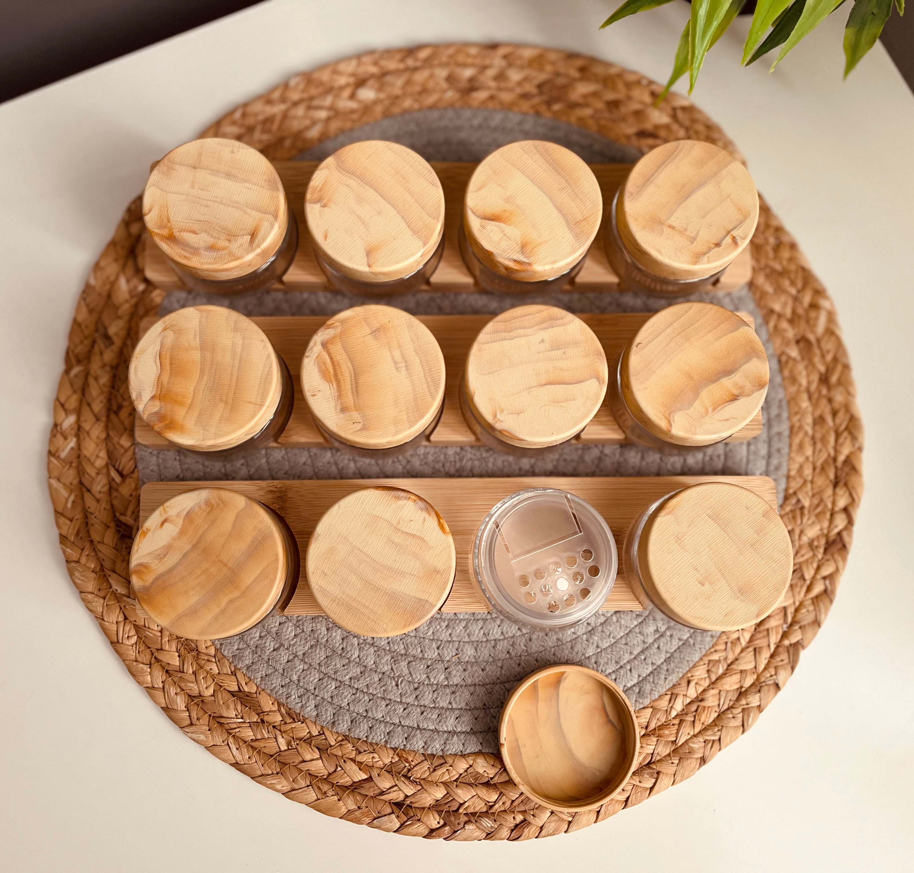Set of 12 small 100ml glass jars+holder