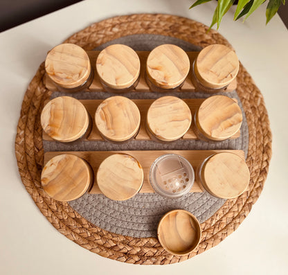 Set of 12 small 100ml glass jars+holder