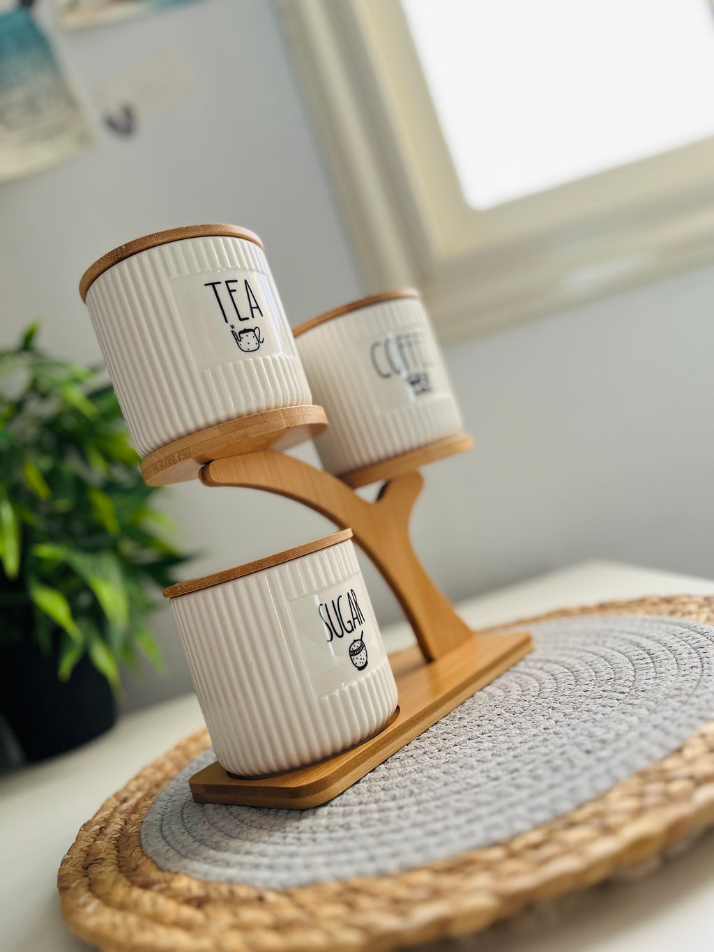Set of 3 porcelain jars +holder (coffee -sugar -tea)(مضلع)code647